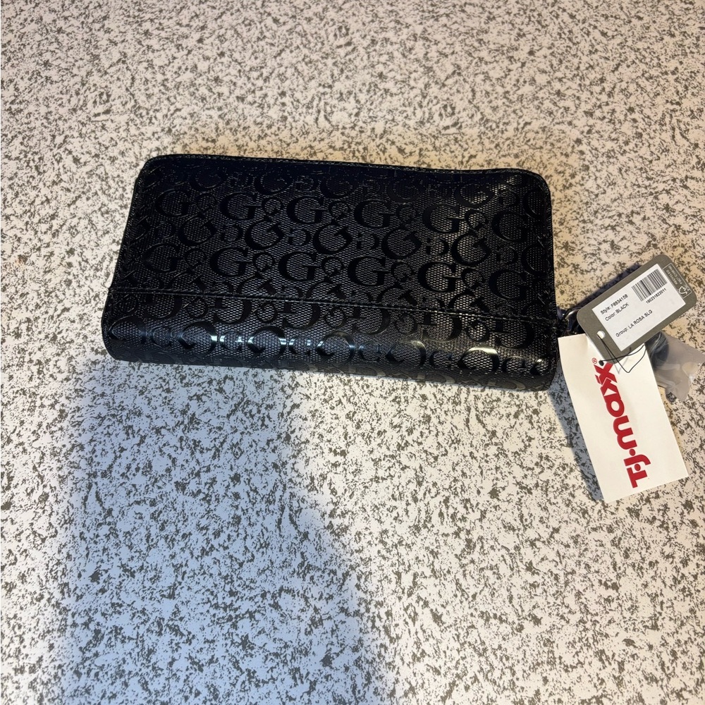 NWT Guess Shiny Black Embossed Wristlet - Picture 2 of 2